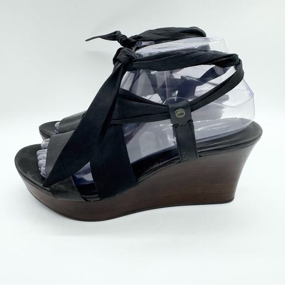 UGG Sedona Black Tie Strap Wedge Heel Sandals Genuine Leather Size 8 Summer Boho - Picture 8 of 16